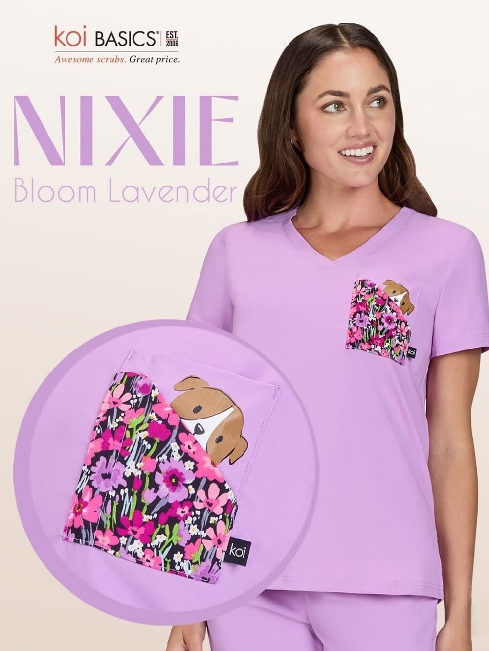 NWT Koi Nixie Bloom Lavender V Neck Scrub Top Sz 2x Cute Puppy Pocket